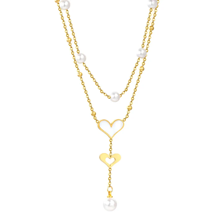 Tresoli Stainless Steel Gold Color PVD Pearl Heart Tassel Pendant Necklace