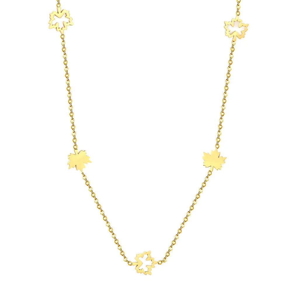 Stainless Steel Gold Color PVD Hollow Maple Leaf And Polished Maple Leaf Charm Necklace