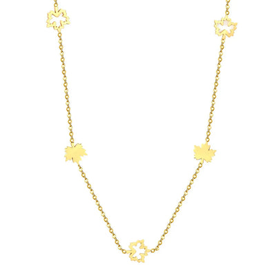 Tresoli Stainless Steel Gold Color PVD Hollow Maple Leaf And Polished Maple Leaf Charm Necklace