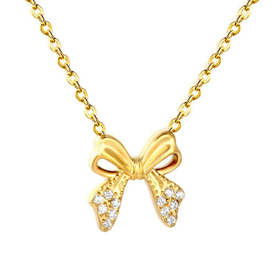 Tresoli Stainless Steel Gold Color PVD Flat Cross Chain Bowknot Inlaid CNC White Zircon Necklace