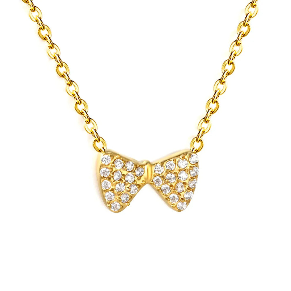 Stainless Steel Gold Color PVD Bowknot Inlaid CNC White Zircon Flat Cross Chain Necklace