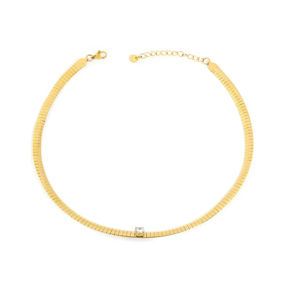 Stainless Steel Gold Color PVD Four Prong Round White Zircon Necklace With Snake Bone Chain