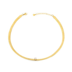 Tresoli Stainless Steel Gold Color PVD Four Prong Round White Zircon Necklace With Snake Bone Chain