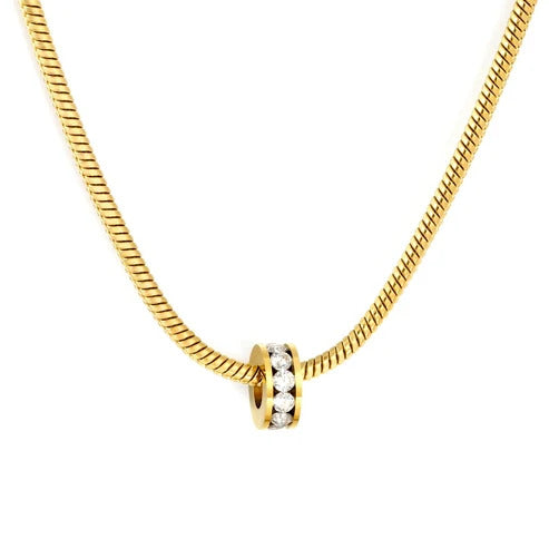Stainless Steel Gold Color PVD White Zircon Rotating Ring Necklace