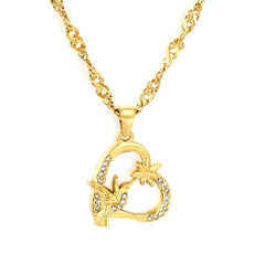 Tresoli Stainless Steel Gold Color PVD Rhinestone Heart Pendant Water Wave Chain Necklace