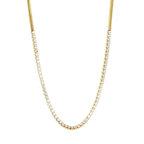 Stainless Steel Gold Color PVD White Zircon And Square Snake Chain Necklace
