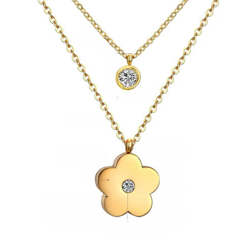 Stainless Steel Color PVD Clear CZ Double Layer Chain Pendant Necklace