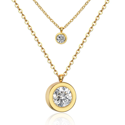 Tresoli Stainless Steel Gold Color PVD Round Cubic Zirconia Multi Layer Chain Pendant Necklace