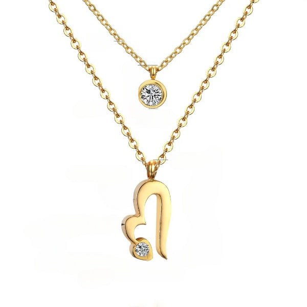 Tresoli  Stainless Steel Gold Color PVD CZ Double Layer Chain Crystal Round and Heart Pendants Necklace