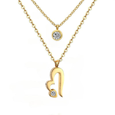Tresoli  Stainless Steel Gold Color PVD CZ Double Layer Chain Crystal Round and Heart Pendants Necklace
