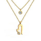 Tresoli  Stainless Steel Gold Color PVD CZ Double Layer Chain Crystal Round and Heart Pendants Necklace