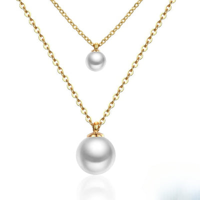 Tresoli Stainless Steel Gold Color PVD Double Link Chain With Double Pearls Pendant Necklace