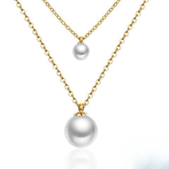 Tresoli Stainless Steel Gold Color PVD Double Link Chain With Double Pearls Pendant Necklace