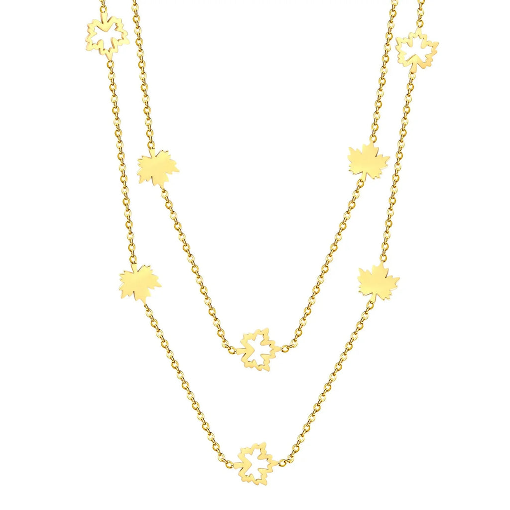 Tresoli Stainless Steel Gold Color PVD Hollow Maple Leaf And Polished Maple Leaf Charm Cross Double Layer Chain Necklace