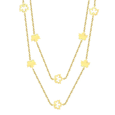 Tresoli Stainless Steel Gold Color PVD Hollow Maple Leaf And Polished Maple Leaf Charm Cross Double Layer Chain Necklace