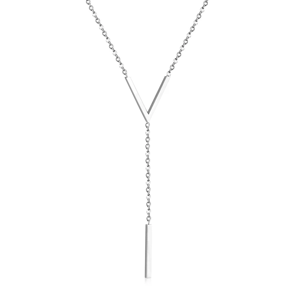 Tresoli Stainless Steel Color PVD Letter V Link Chain Cuboid Pendant Necklace