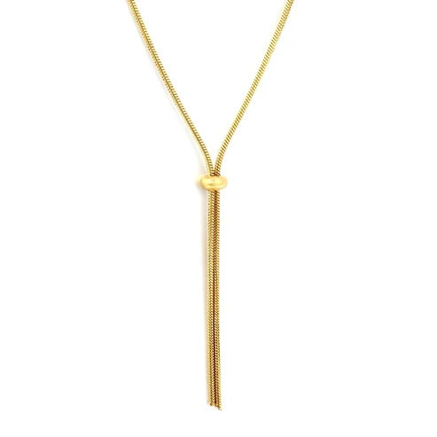 Stainless Steel Gold Color PVD Sliding Adjustment Bead Snake Chain Long Sweater Necklace