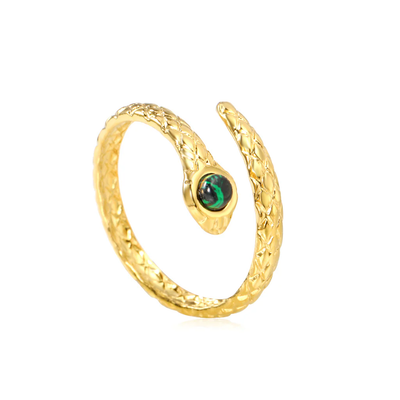 Tresoli Stainless Steel Gold Color PVD Twisted Emerald Green Stone Inlay Adjustable Ring