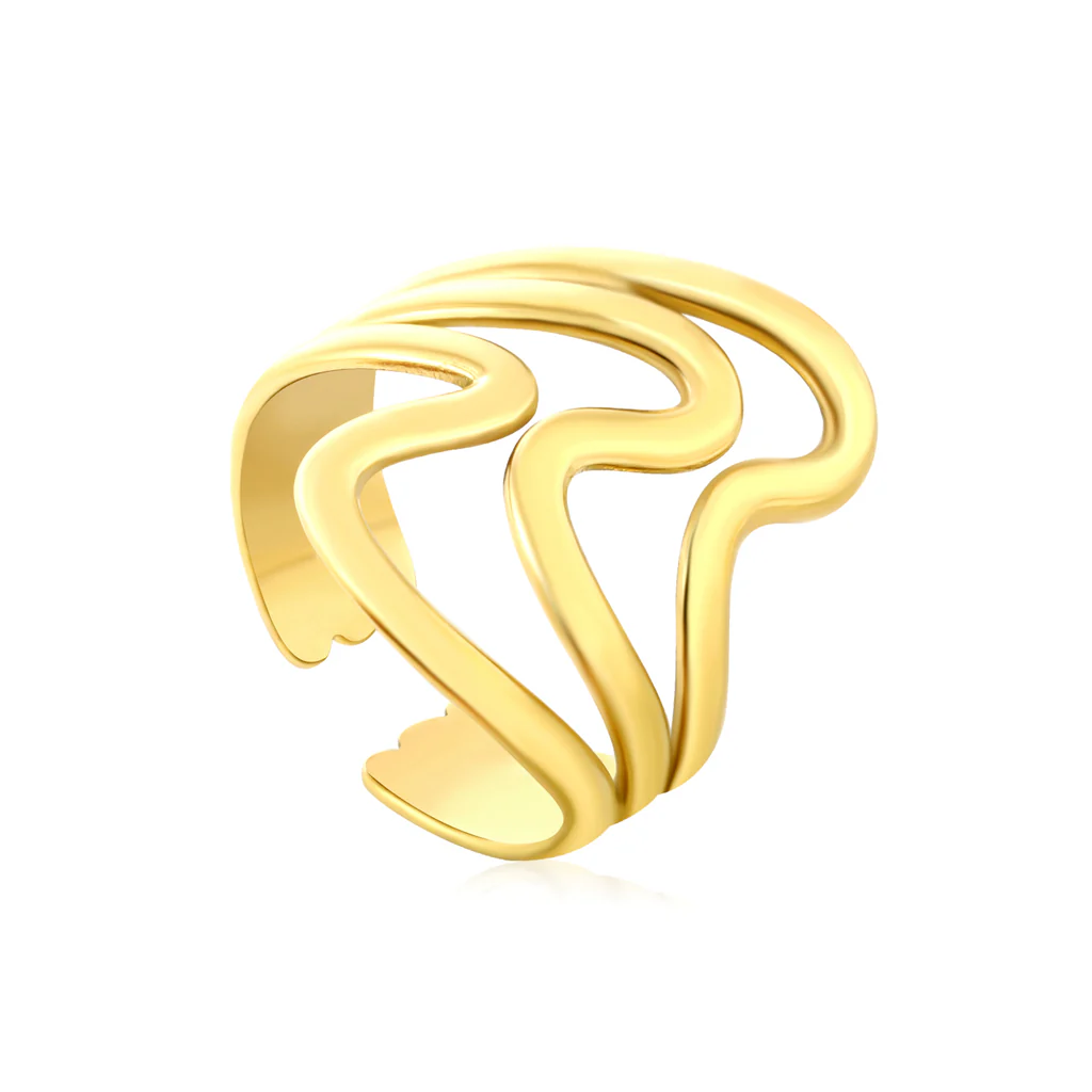Tresoli Stainless Steel Gold Color PVD Wavy Curved Open Adjustable Ring