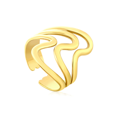 Tresoli Stainless Steel Gold Color PVD Wavy Curved Open Adjustable Ring