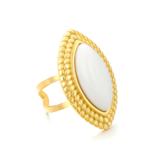 Tresoli Stainless Steel Gold Color PVD White Agate Marquise Stones Adjustable Ring