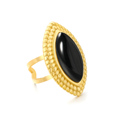 Tresoli  Stainless Steel Gold Color PVD Black Agate Marquise Stones Adjustable Ring