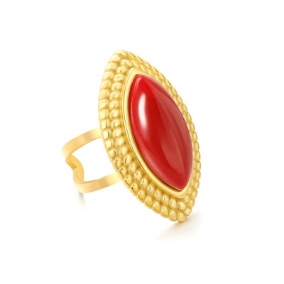 Tresoli  Stainless Steel Gold Color PVD Red Agate Marquise Stones Adjustable Ring