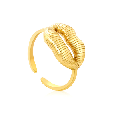 Tresoli Stainless Steel Gold Color PVD Hollow Lip Texture Open Adjustable Ring
