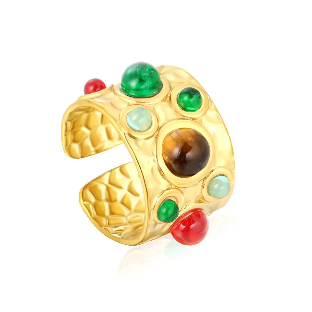 Tresoli Stainless Steel Gold Color PVD Mixed Color Stone Open Ring