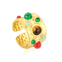 Tresoli Stainless Steel Gold Color PVD Mixed Color Stone Open Ring