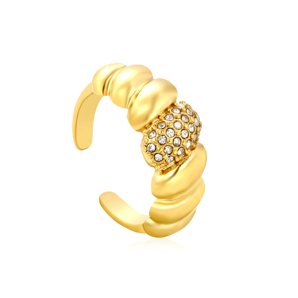 Tresoli Stainless Steel Gold Color PVD White, Royal Blue And Emerald Diamond Inlays Croissant Shaped Adjustable Ring