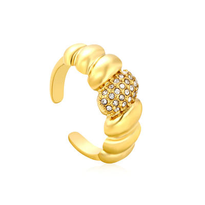 Tresoli Stainless Steel Gold Color PVD White, Royal Blue And Emerald Diamond Inlays Croissant Shaped Adjustable Ring