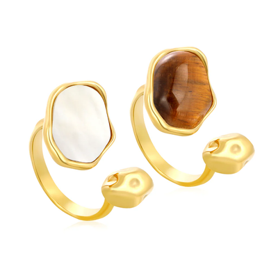 Tresoli  Stainless Steel Gold Color PVD Irregular Oval White Mother Of White And Brown Adjustable Ring