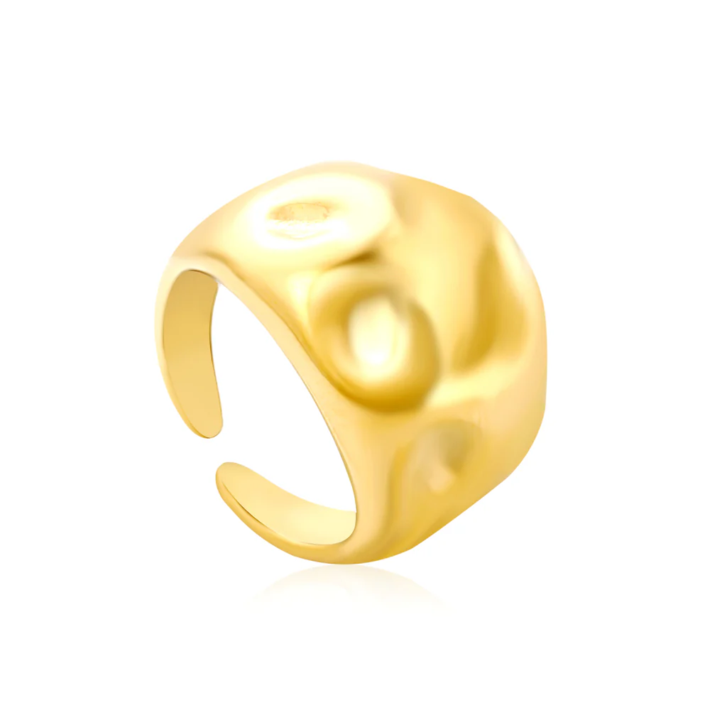 Tresoli Stainless Steel Gold Color PVD Polished Water Drop Hammered Texture Open Adjustable Ring