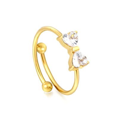 Tresoli Stainless Steel Gold Color PVD Open Cuff Bowknot With White Zirconia Inlaid Elegant Bow Design Ring