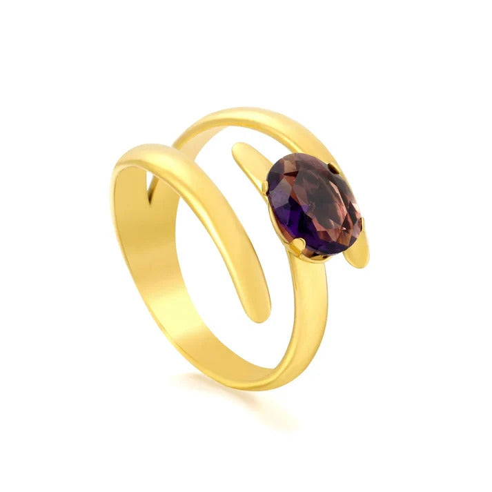 Stainless Steel Gold Color PVD Oval Purple Rhinestone Geometric Open Ring
