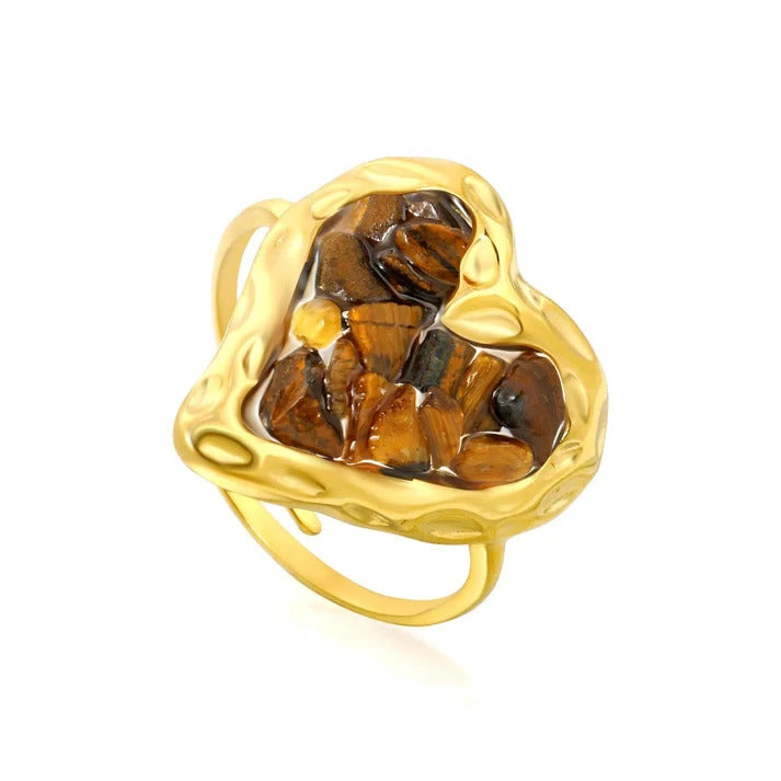 Stainless Steel Gold Color PVD Heart Inlaid Brown Natural Stones Adjustable Ring