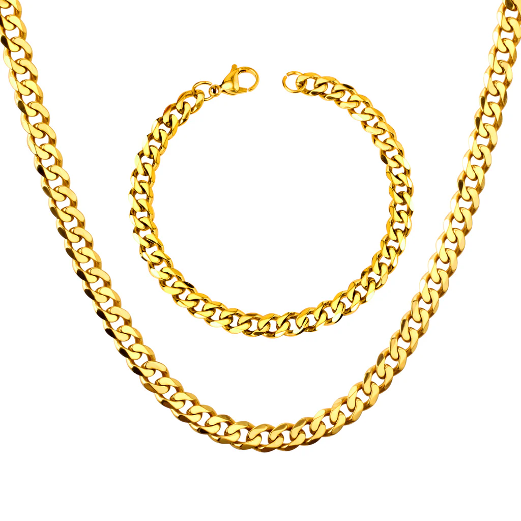 Tresoli Stainless Steel Gold Color PVD Women or Men Cuban Chain Necklace with Bracelet