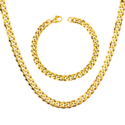 Tresoli Stainless Steel Gold Color PVD Women or Men Cuban Chain Necklace with Bracelet