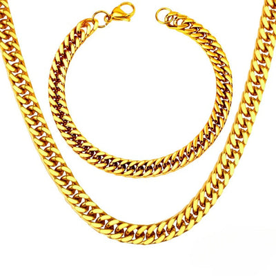 Tresoli Stainless Steel Gold Color PVD Cuban Link Chain Bracelet And Necklace