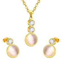 Load image into Gallery viewer, Tresoli Stainless Steel Gold Color PVD Sticking Cat's Eye Stones With Two Small Round Cakes Topped With Diamonds Jewelry Set