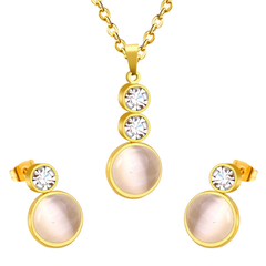 Tresoli Stainless Steel Gold Color PVD Sticking Cat's Eye Stones With Two Small Round Cakes Topped With Diamonds Jewelry Set