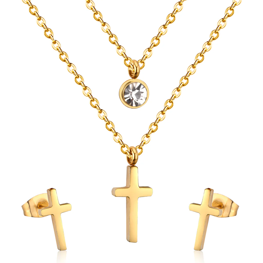 Tresoli Stainless Steel Gold Color PVD Double Chain Round Diamond And Cross Pendant Jewelry Set