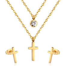 Load image into Gallery viewer, Tresoli Stainless Steel Gold Color PVD Double Chain Round Diamond And Cross Pendant Jewelry Set