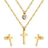 Tresoli Stainless Steel Gold Color PVD Double Chain Round Diamond And Cross Pendant Jewelry Set