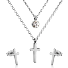 Load image into Gallery viewer, Tresoli Stainless Steel Color PVD Double Chain Round Diamond And Cross Pendant Jewelry Set