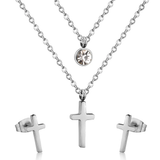 Tresoli Stainless Steel Color PVD Double Chain Round Diamond And Cross Pendant Jewelry Set