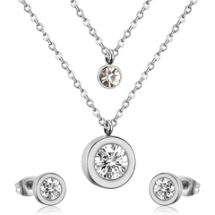Tresoli Stainless Steel Color PVD Double Chain Round Diamond And Round Pendant Jewelry Set