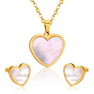 Tresoli Stainless Steel Gold Color PVD Sticky Heart White Shell Jewelry Set