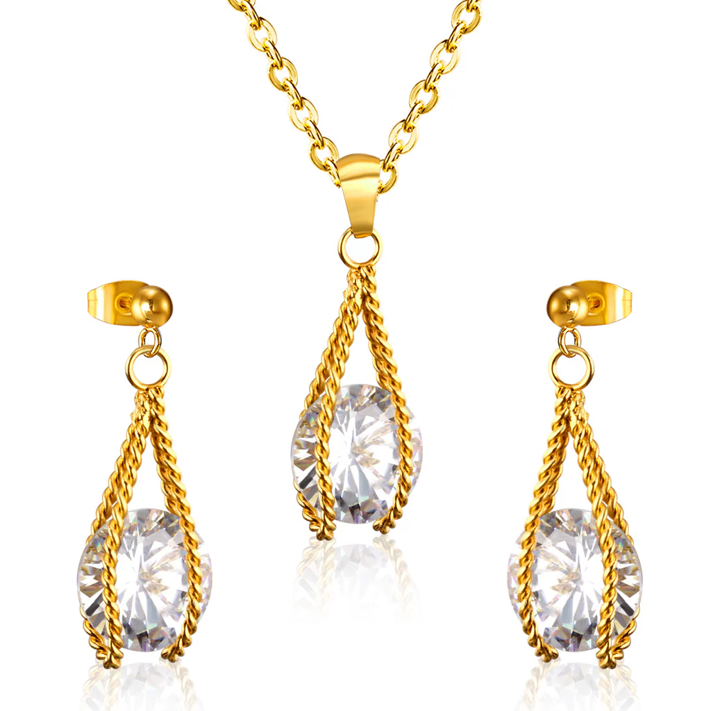 Tresoli Stainless Steel Gold Color PVD Simple With Oversized Diamond Pendant Jewelry Set
